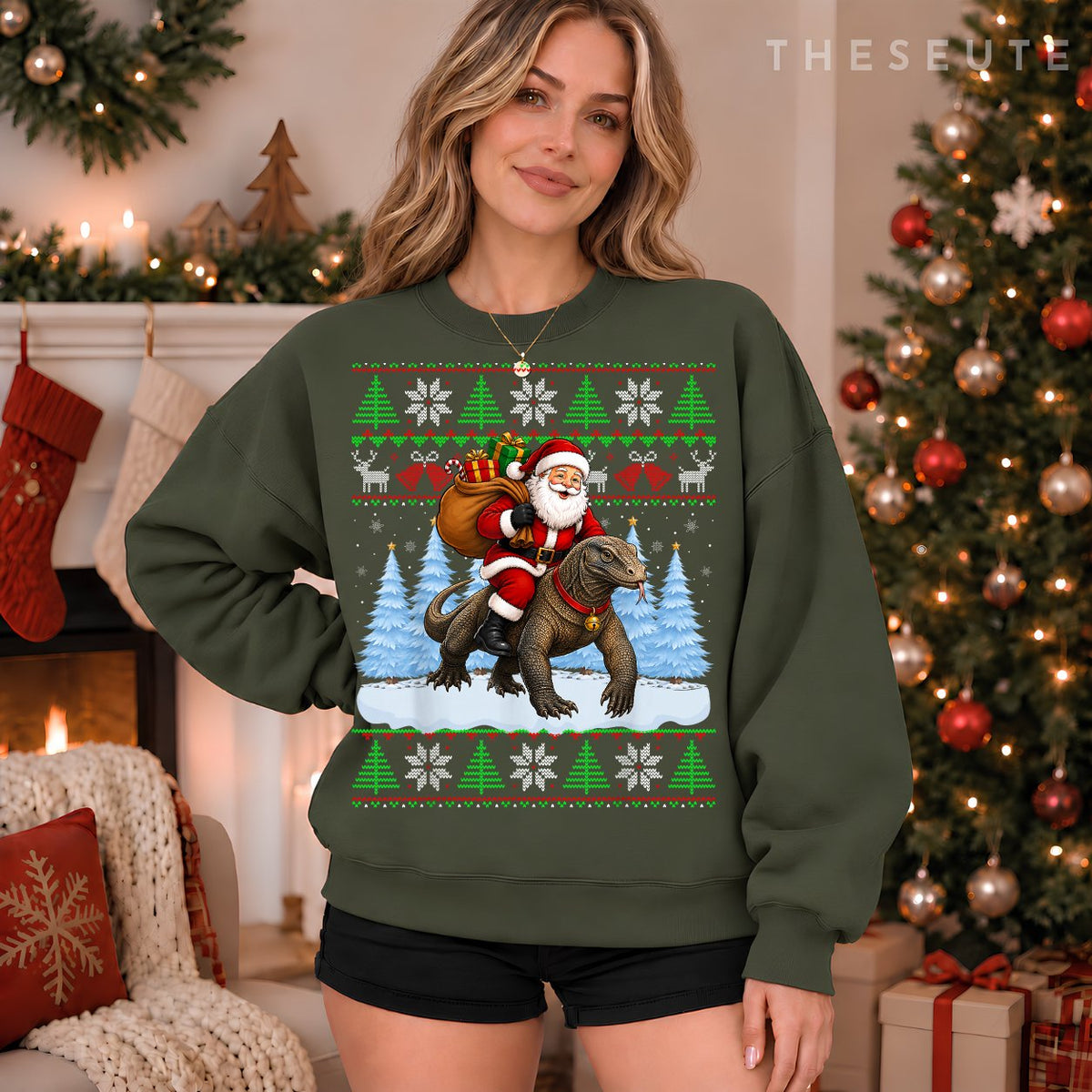 Ugly Xmas Sweatshirt Funny Santa Riding Komodo Dragon Christmas Sweatshirt