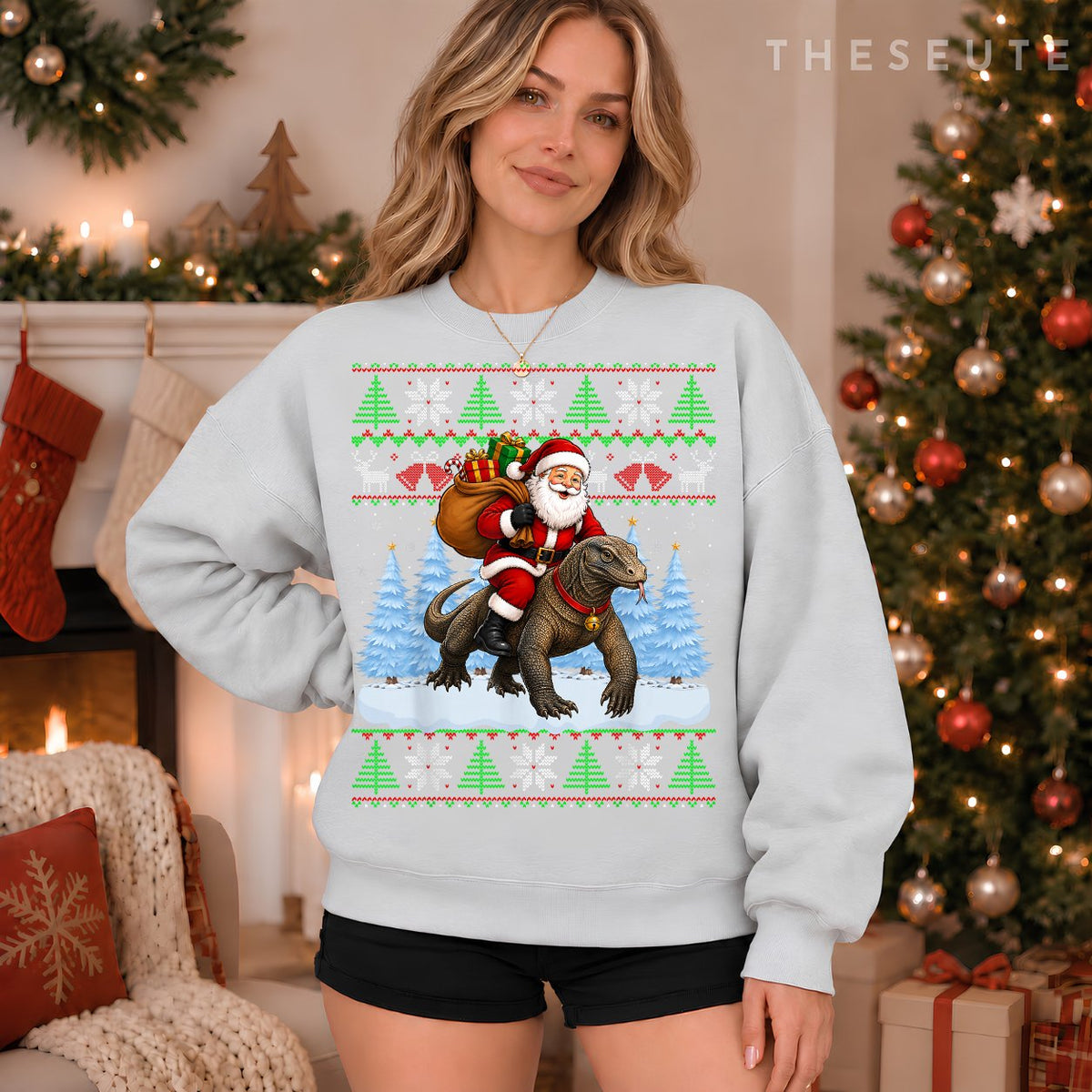 Ugly Xmas Sweatshirt Funny Santa Riding Komodo Dragon Christmas Sweatshirt