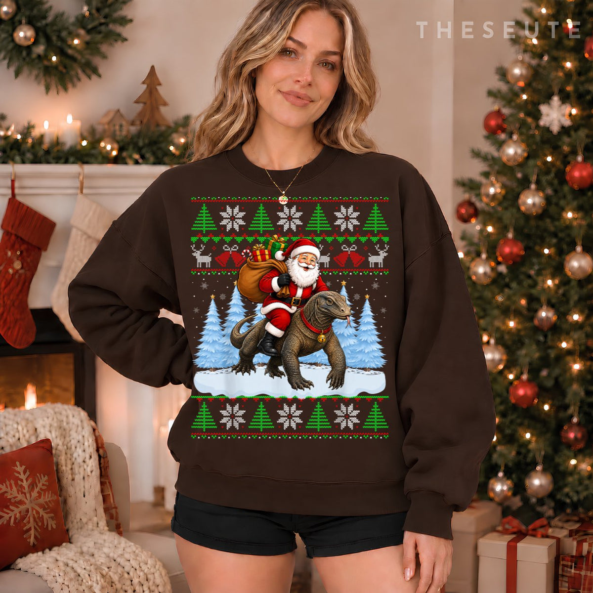 Ugly Xmas Sweatshirt Funny Santa Riding Komodo Dragon Christmas Sweatshirt