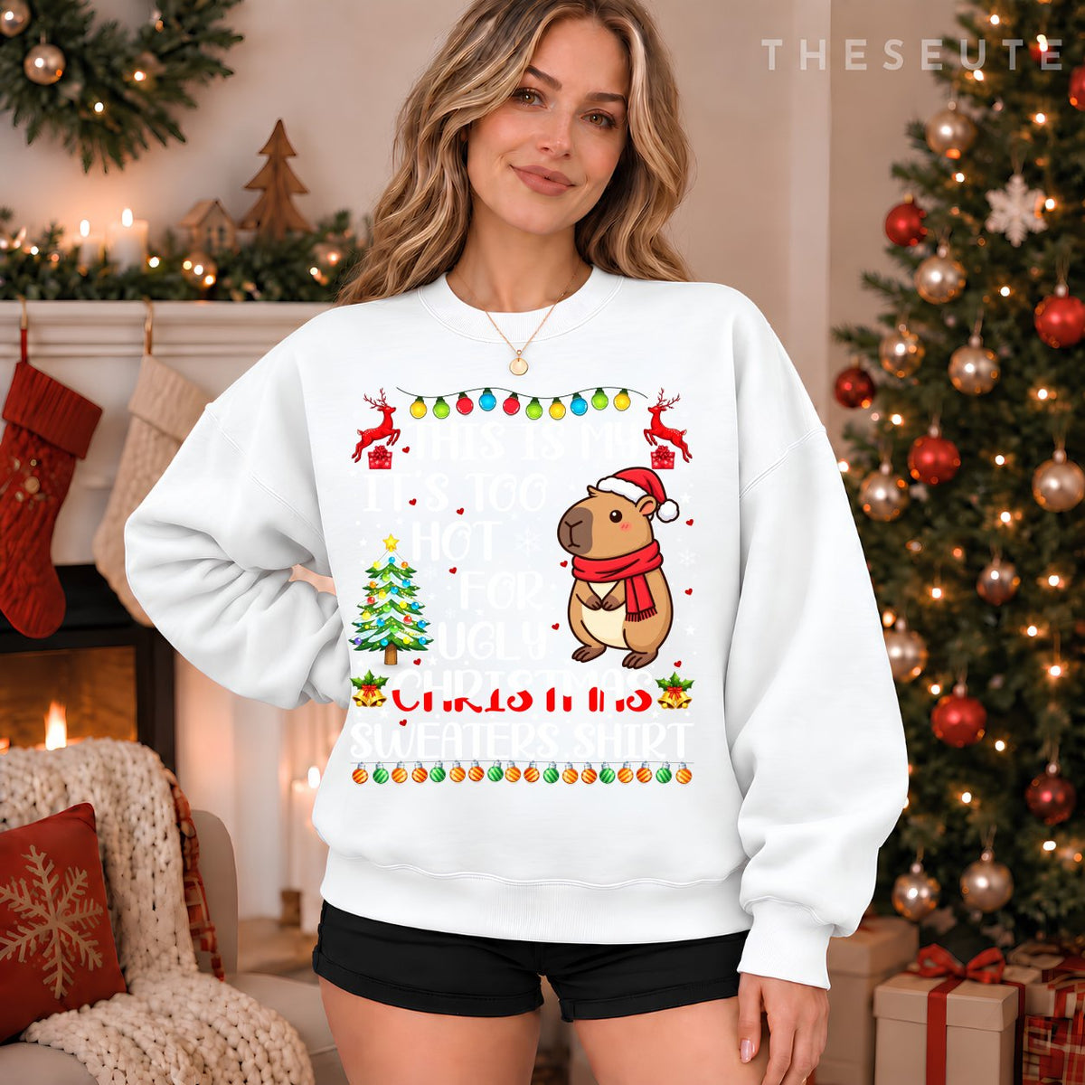 It's Too Hot for Ugly Christmas Sweatshirt Capybara Xmas Girls Sweatshirt