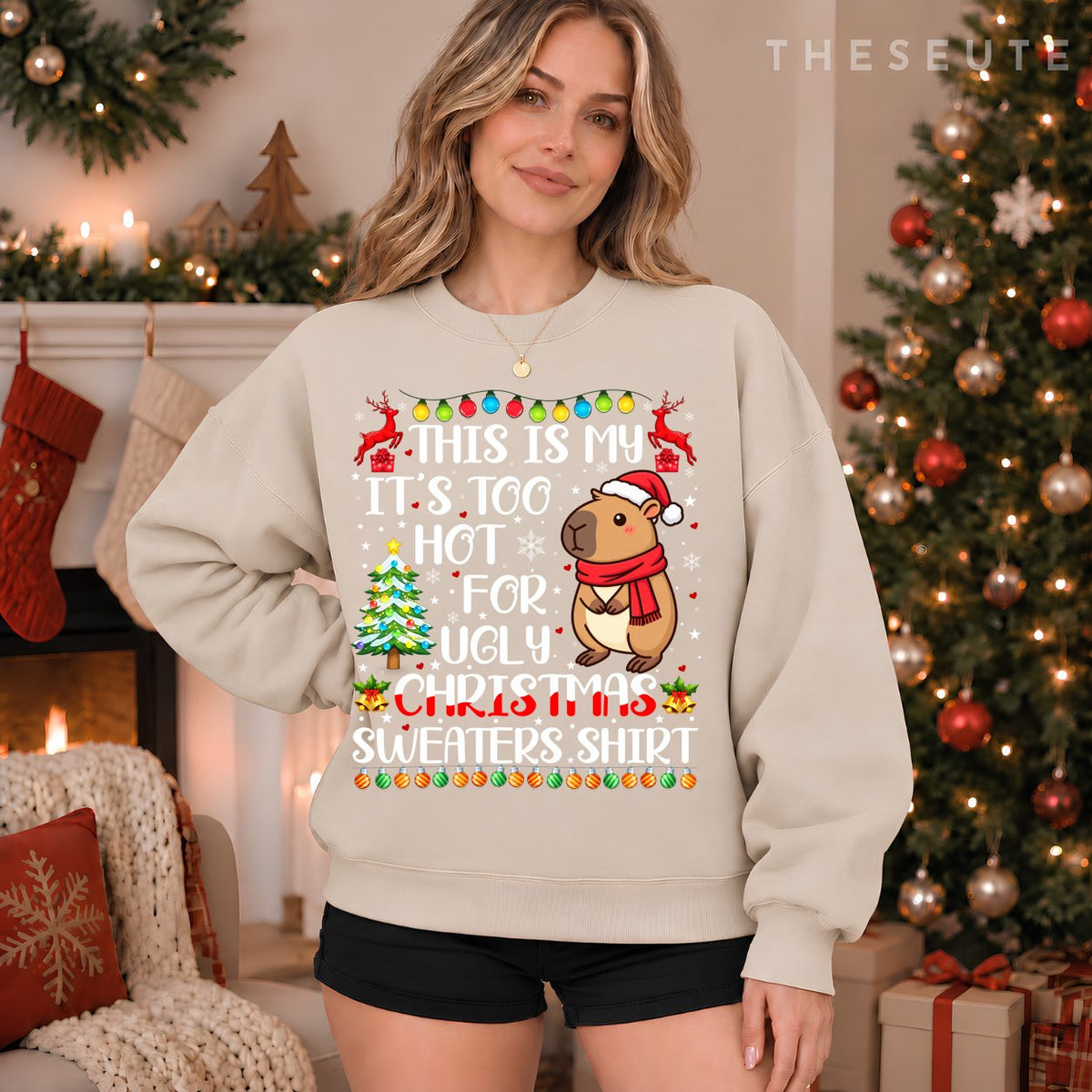 It's Too Hot for Ugly Christmas Sweatshirt Capybara Xmas Girls Sweatshirt