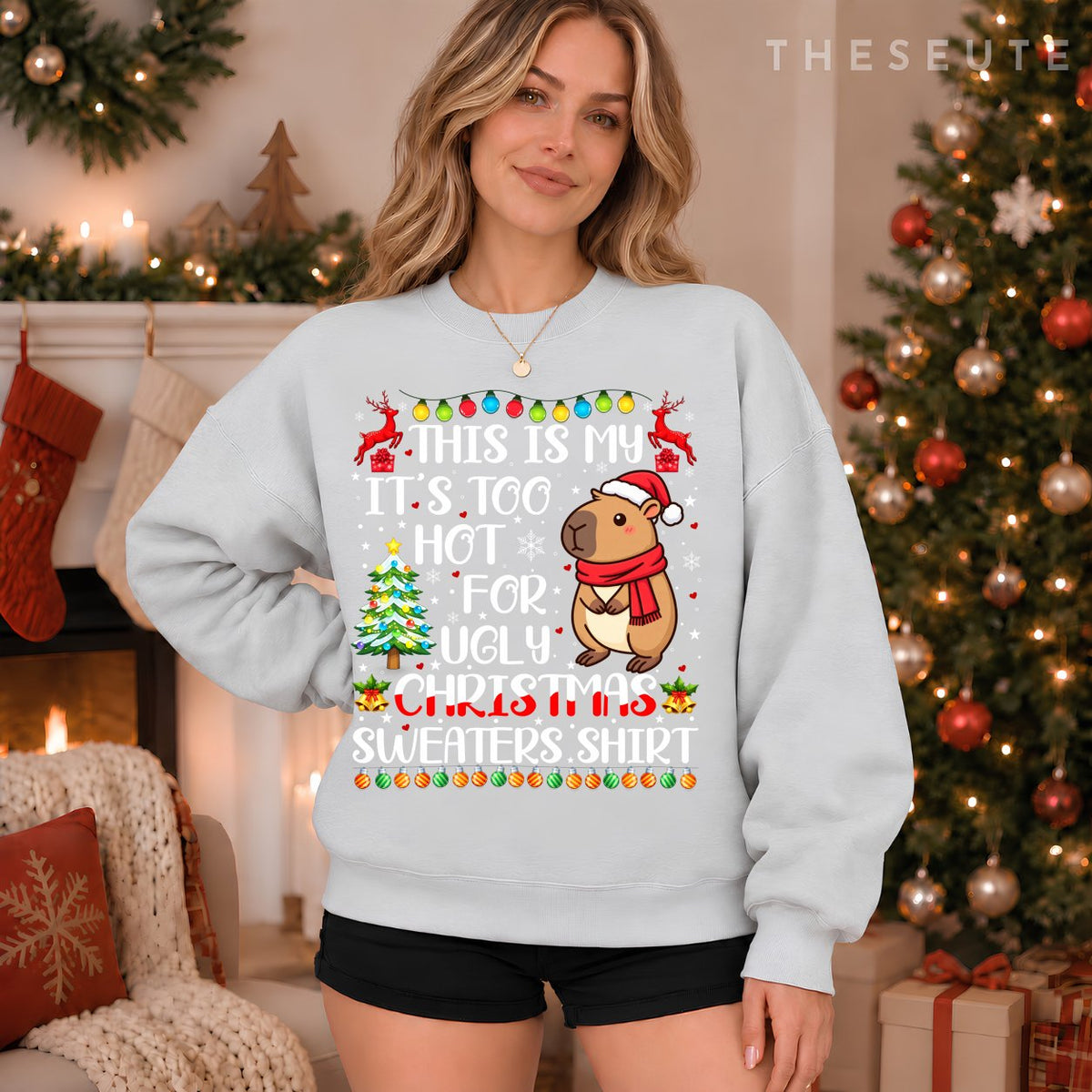 It's Too Hot for Ugly Christmas Sweatshirt Capybara Xmas Girls Sweatshirt