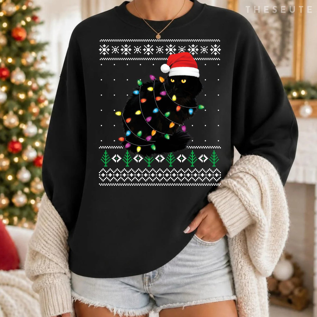 Black Cat Christmas Ugly Sweatshirt Gift Funny Santa Cat Sweatshirt