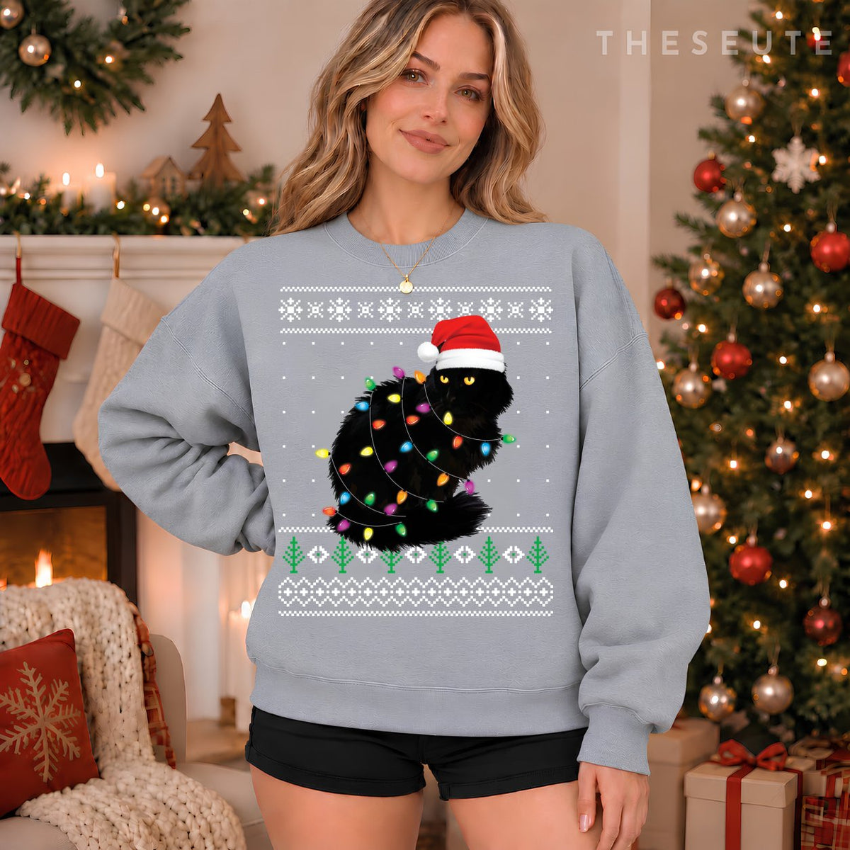 Black Cat Christmas Ugly Sweatshirt Gift Funny Santa Cat Sweatshirt