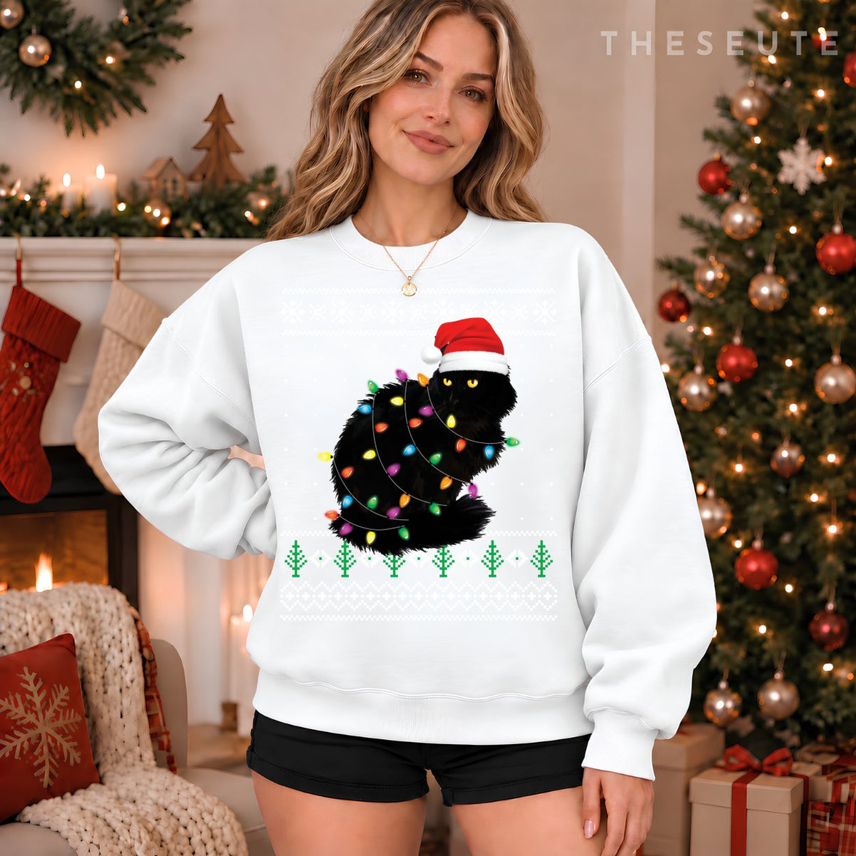 Black Cat Christmas Ugly Sweatshirt Gift Funny Santa Cat Sweatshirt