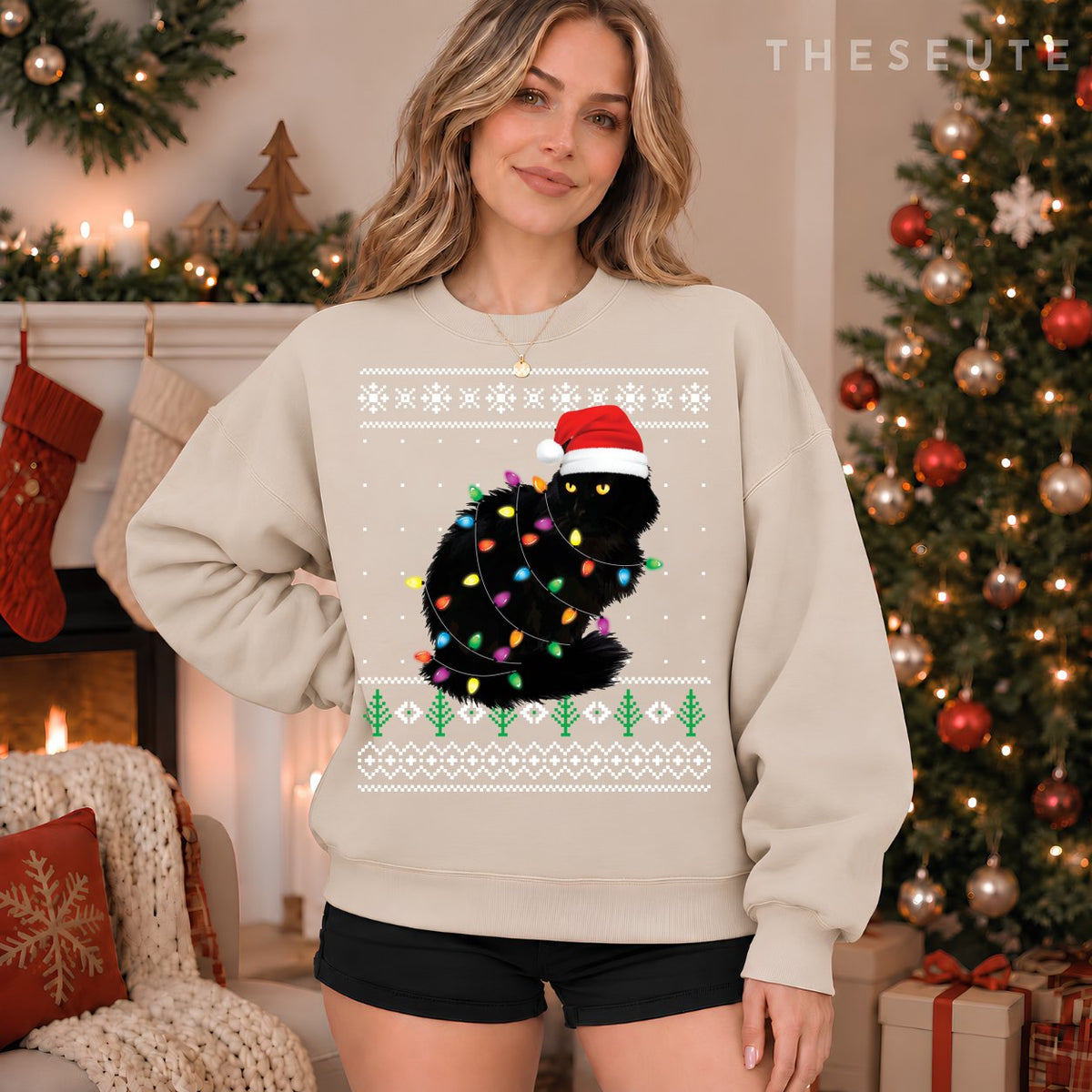 Black Cat Christmas Ugly Sweatshirt Gift Funny Santa Cat Sweatshirt