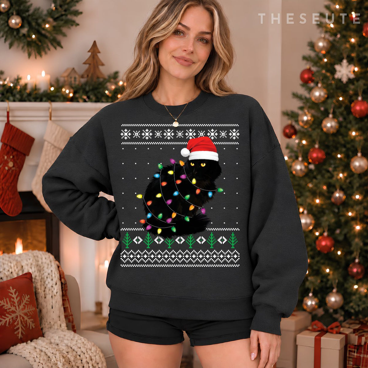 Black Cat Christmas Ugly Sweatshirt Gift Funny Santa Cat Sweatshirt