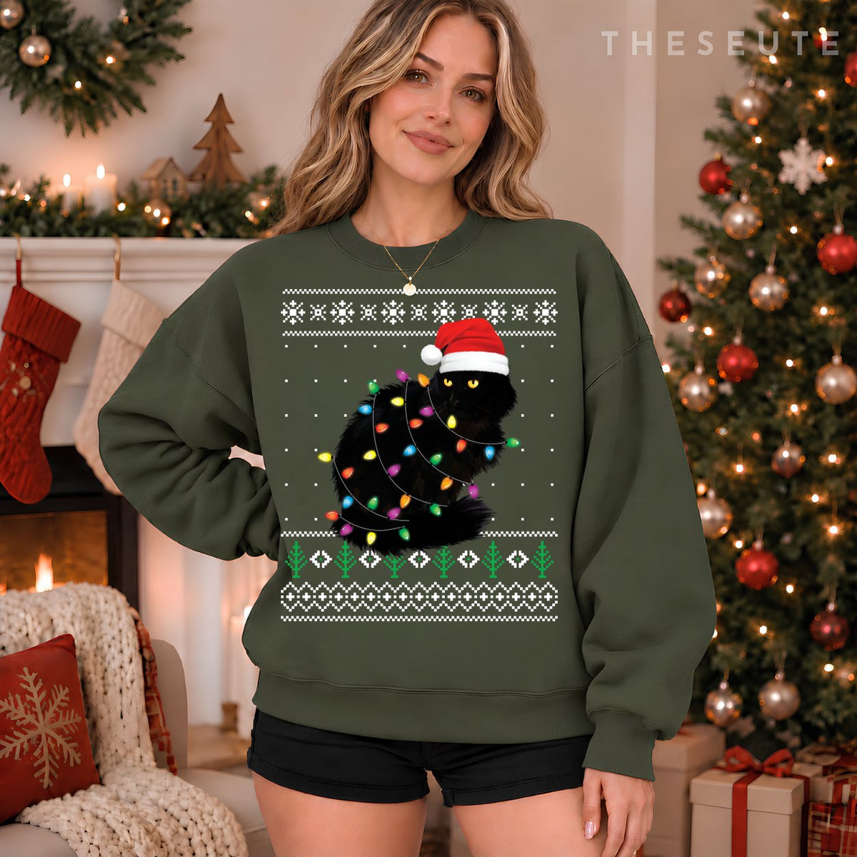 Black Cat Christmas Ugly Sweatshirt Gift Funny Santa Cat Sweatshirt
