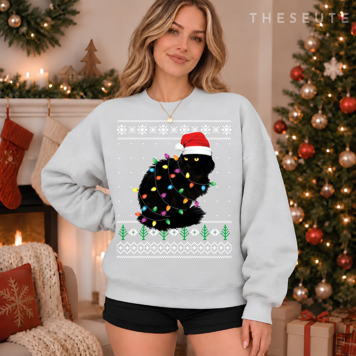 Black Cat Christmas Ugly Sweatshirt Gift Funny Santa Cat Sweatshirt
