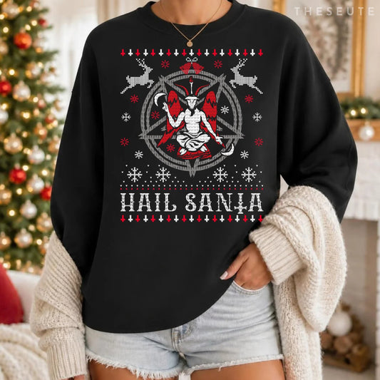 Hail Santa Christmas Ugly Sweatshirt. Funny Satanic Satan Goth Sweatshirt