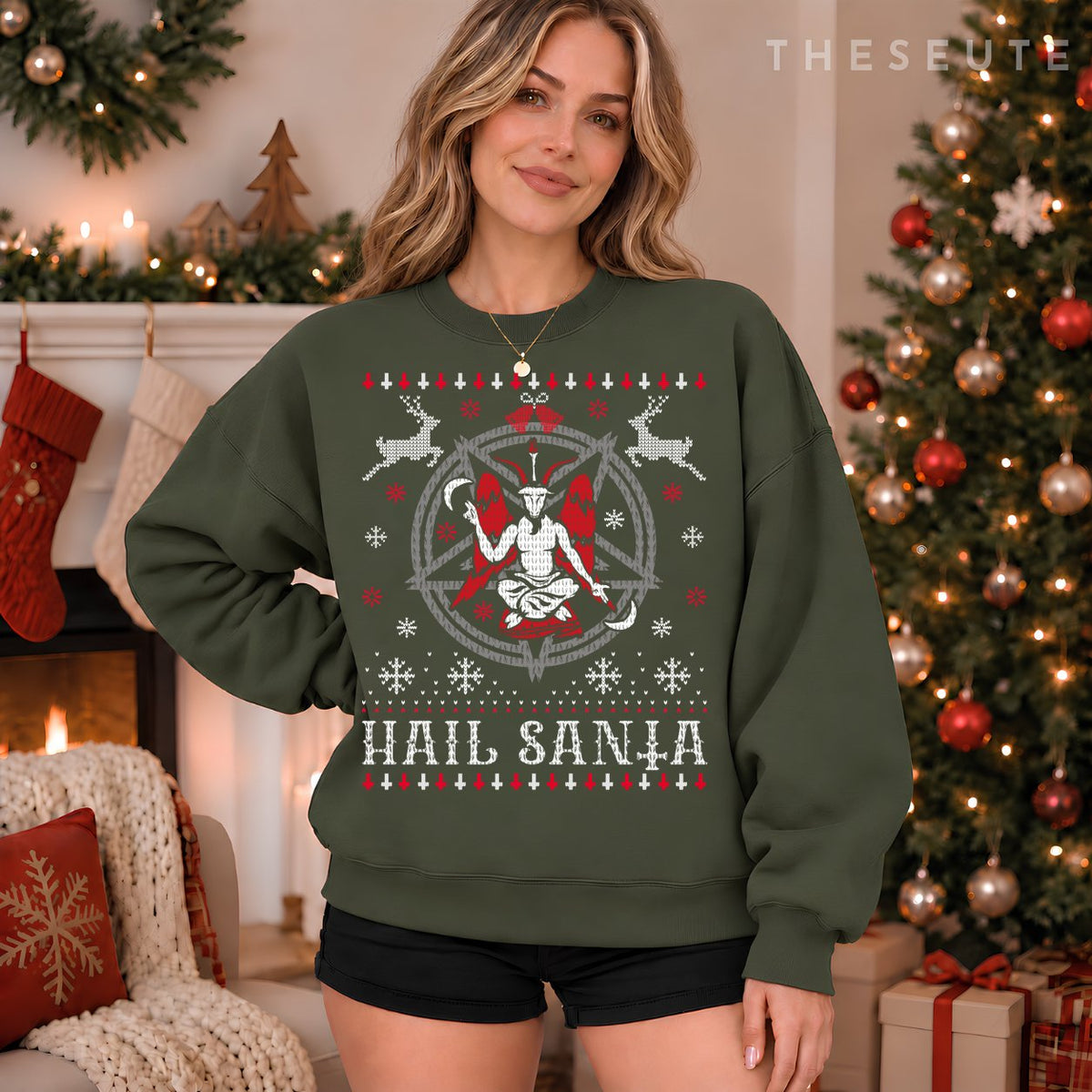 Hail Santa Christmas Ugly Sweatshirt. Funny Satanic Satan Goth Sweatshirt