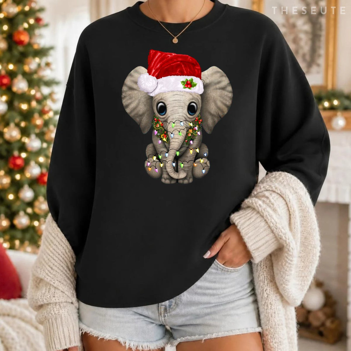 Cute Elephant Christmas Light Funny Elephant Lover Xmas Gift Sweatshirt
