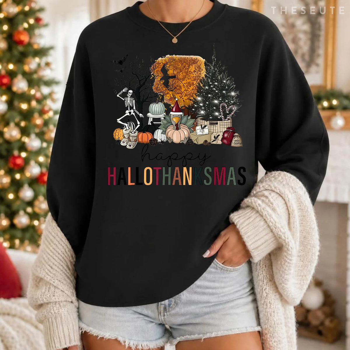 Funny Halloween Thanksgiving Christmas Happy Hallothanksmas Sweatshirt