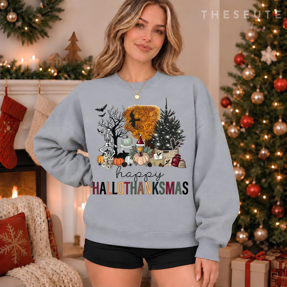 Funny Halloween Thanksgiving Christmas Happy Hallothanksmas Sweatshirt