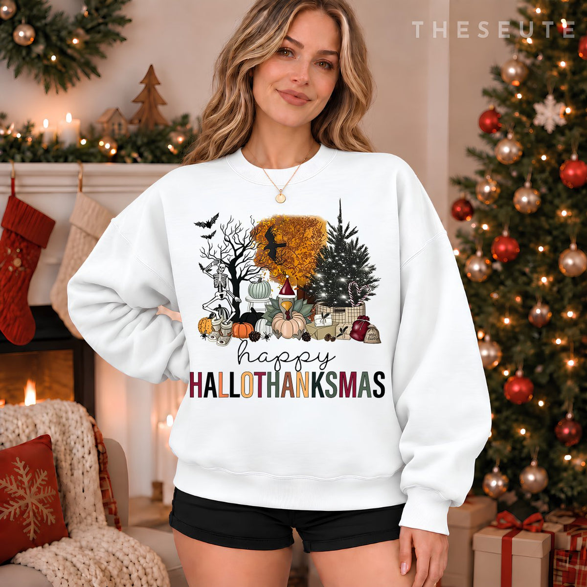 Funny Halloween Thanksgiving Christmas Happy Hallothanksmas Sweatshirt