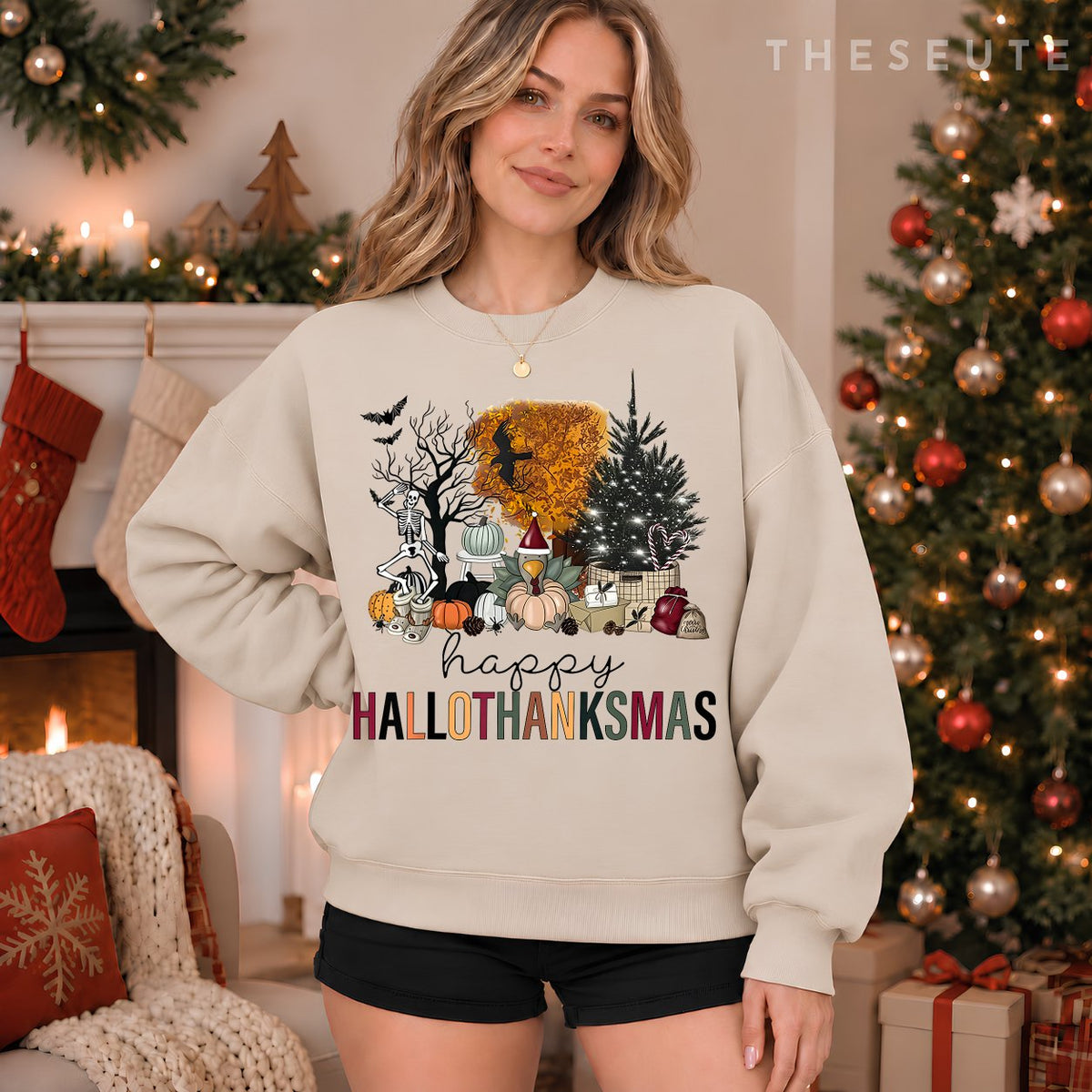 Funny Halloween Thanksgiving Christmas Happy Hallothanksmas Sweatshirt