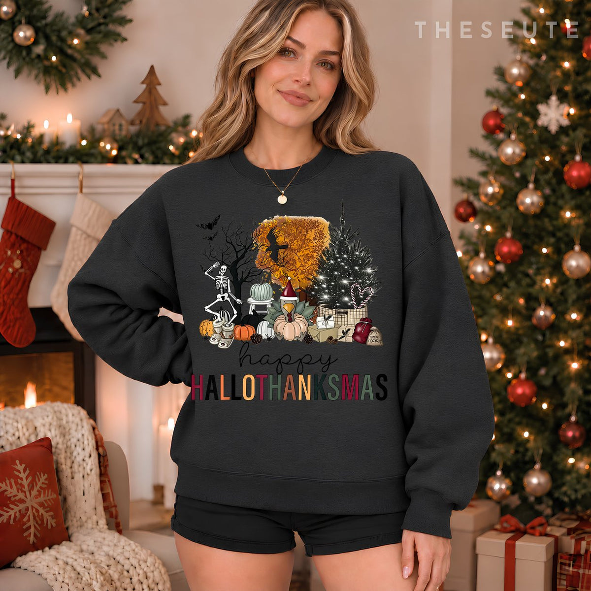Funny Halloween Thanksgiving Christmas Happy Hallothanksmas Sweatshirt