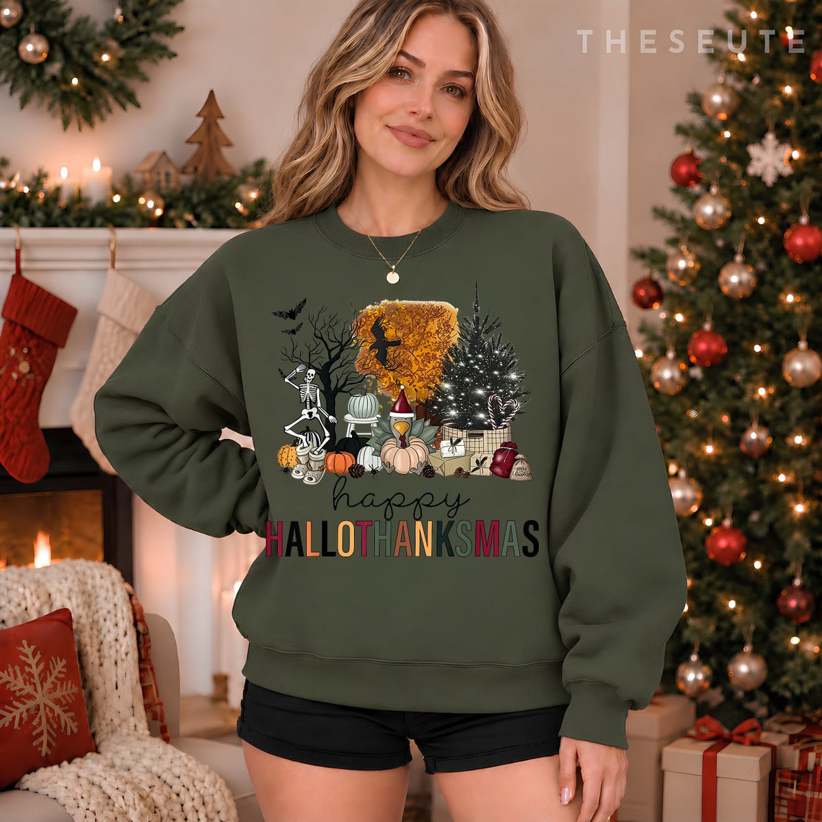 Funny Halloween Thanksgiving Christmas Happy Hallothanksmas Sweatshirt