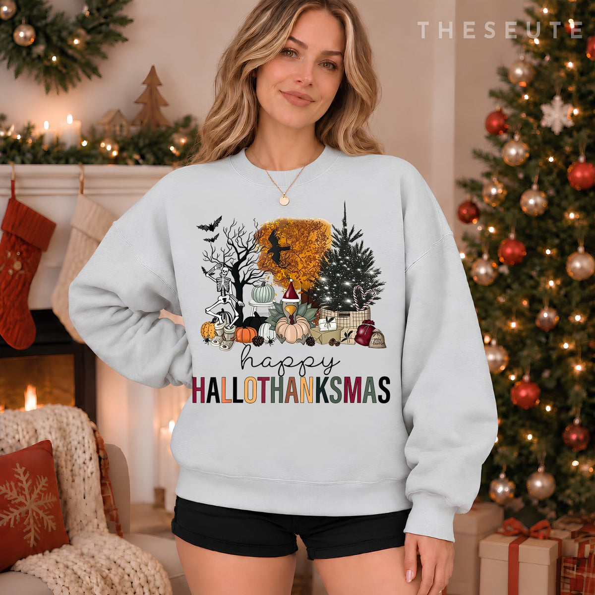 Funny Halloween Thanksgiving Christmas Happy Hallothanksmas Sweatshirt