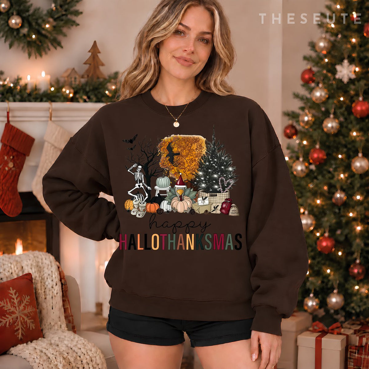 Funny Halloween Thanksgiving Christmas Happy Hallothanksmas Sweatshirt