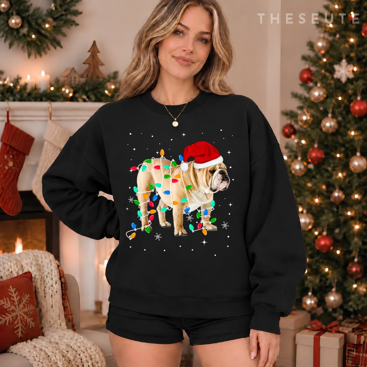 Funny English Bulldog Christmas Light Gifts Xmas Sweatshirt
