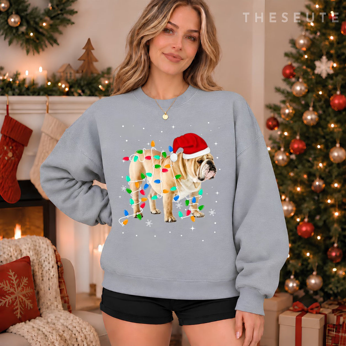 Funny English Bulldog Christmas Light Gifts Xmas Sweatshirt