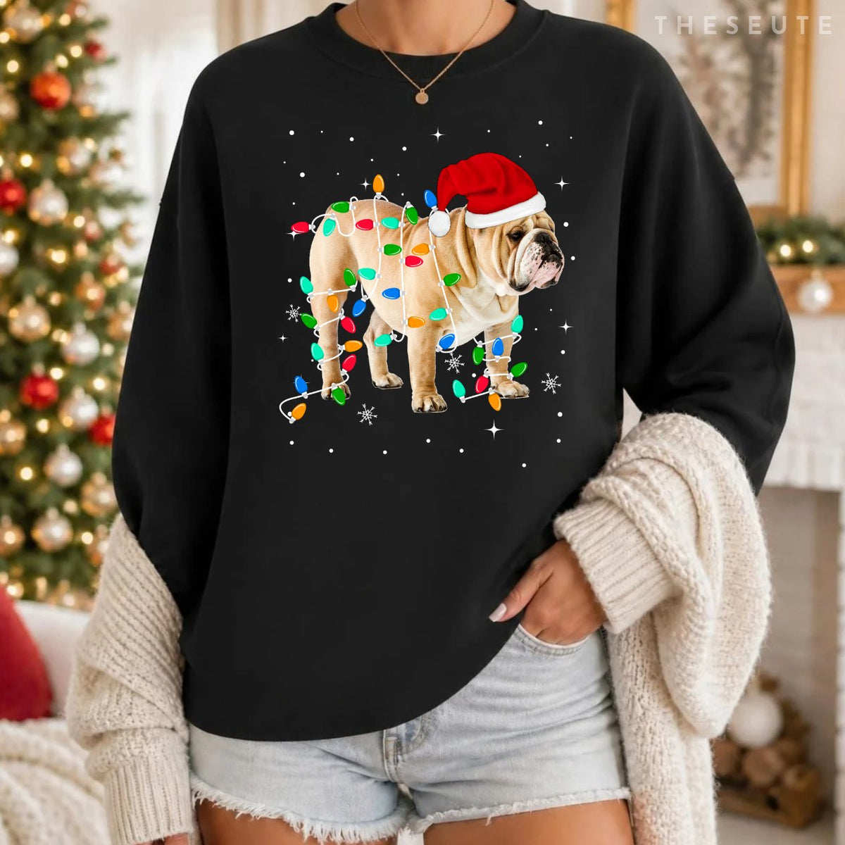 Funny English Bulldog Christmas Light Gifts Xmas Sweatshirt
