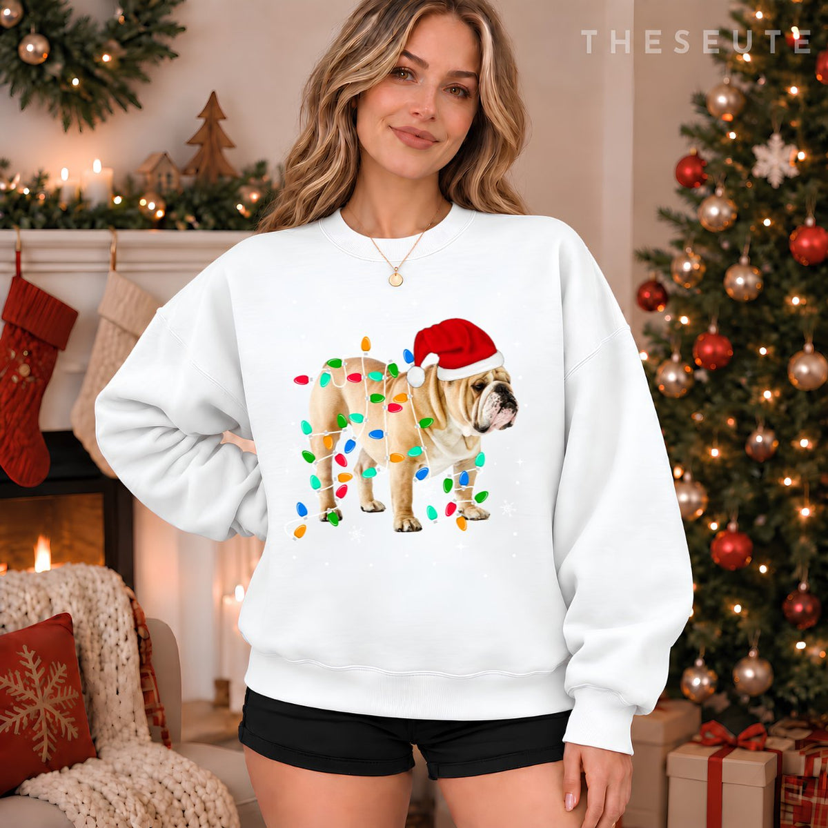 Funny English Bulldog Christmas Light Gifts Xmas Sweatshirt