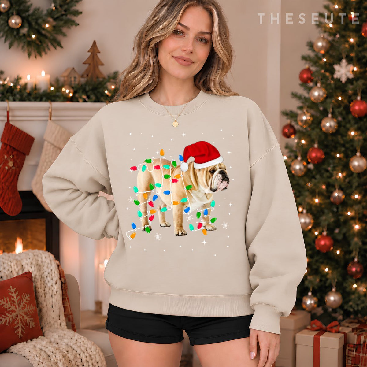 Funny English Bulldog Christmas Light Gifts Xmas Sweatshirt