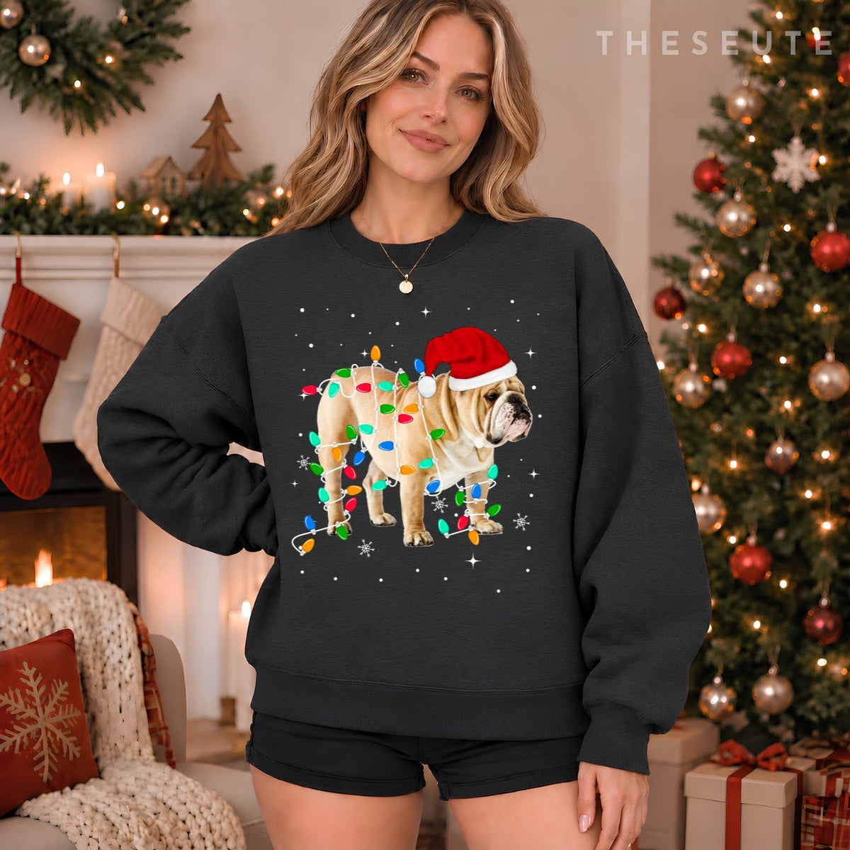 Funny English Bulldog Christmas Light Gifts Xmas Sweatshirt