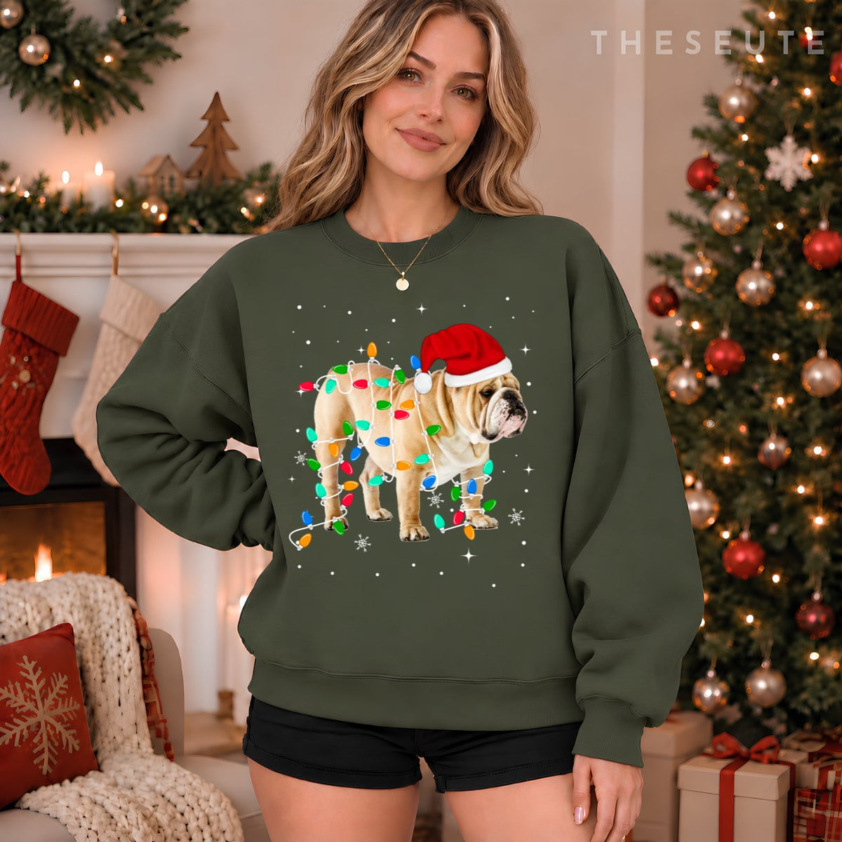 Funny English Bulldog Christmas Light Gifts Xmas Sweatshirt