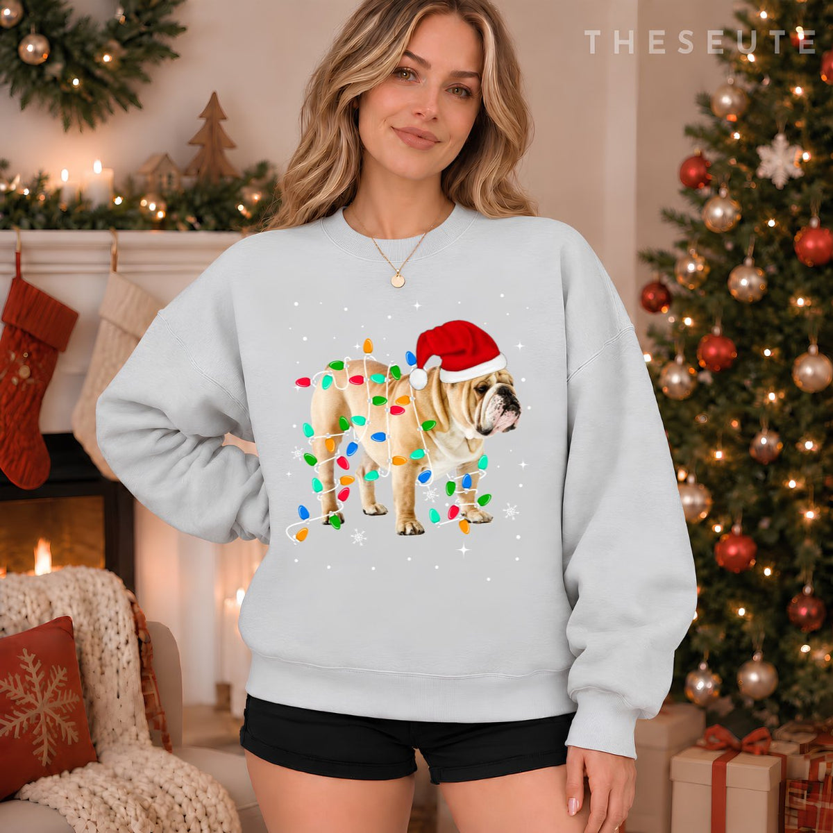Funny English Bulldog Christmas Light Gifts Xmas Sweatshirt