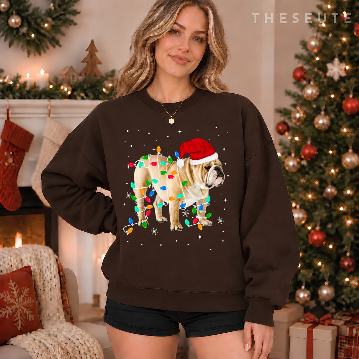 Funny English Bulldog Christmas Light Gifts Xmas Sweatshirt