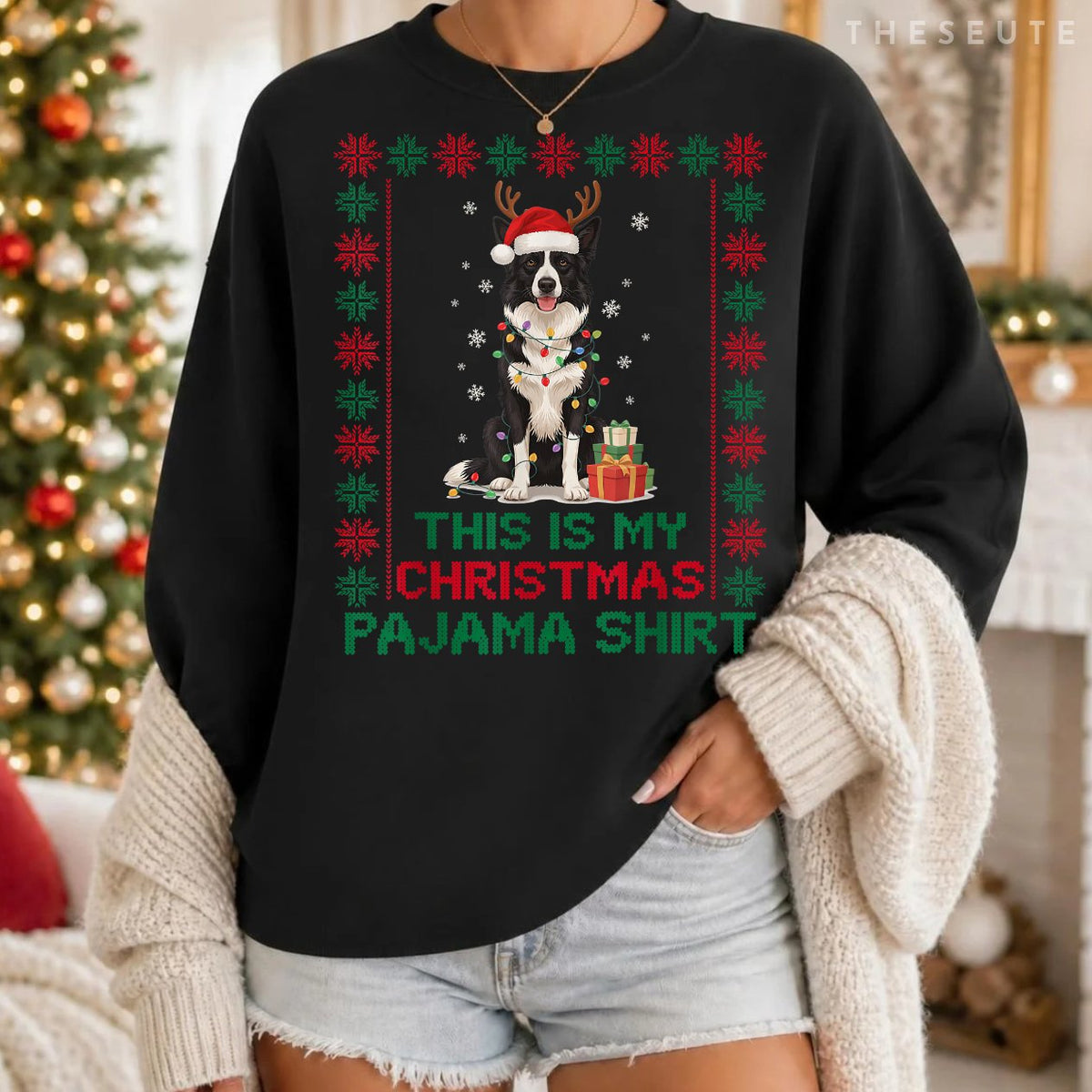 Funny Border Collie Christmas Pajama Santa Dog Mom Dad Lover Sweatshirt
