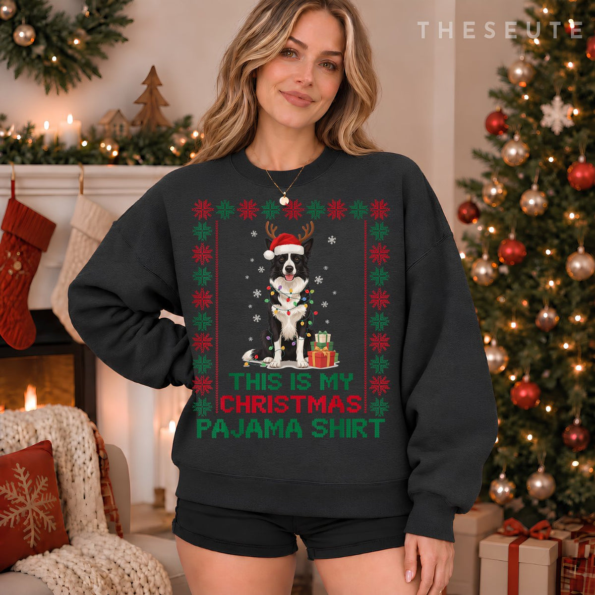 Funny Border Collie Christmas Pajama Santa Dog Mom Dad Lover Sweatshirt