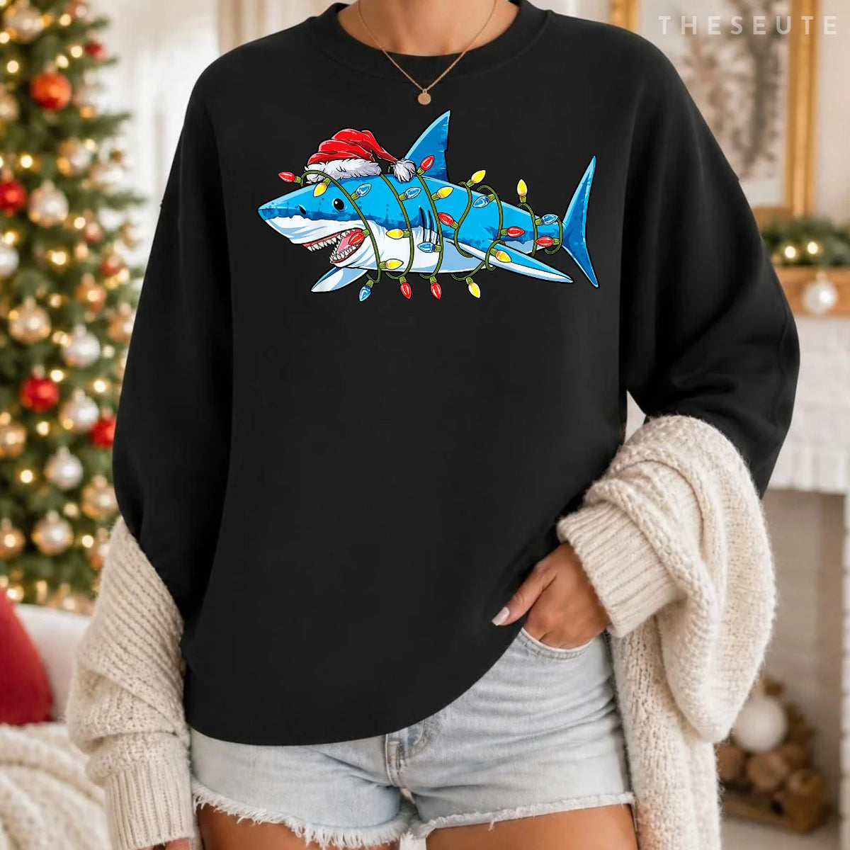 Santa Shark Christmas Lights Funny Boys Sharkmas Xmas Gifts Sweatshirt