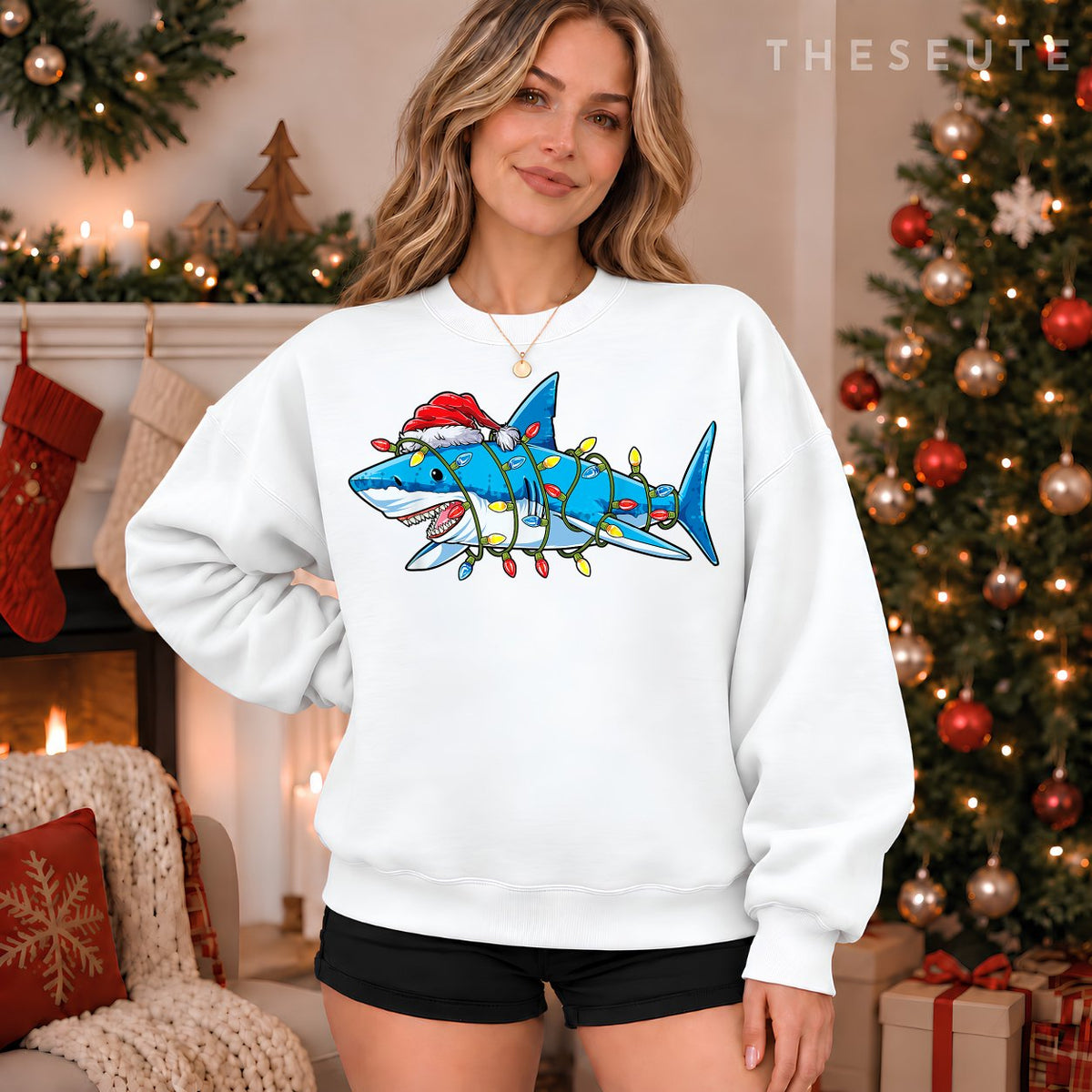 Santa Shark Christmas Lights Funny Boys Sharkmas Xmas Gifts Sweatshirt