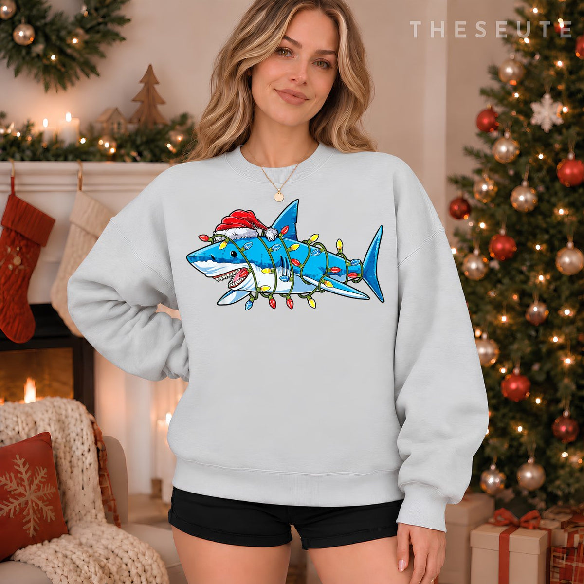 Santa Shark Christmas Lights Funny Boys Sharkmas Xmas Gifts Sweatshirt