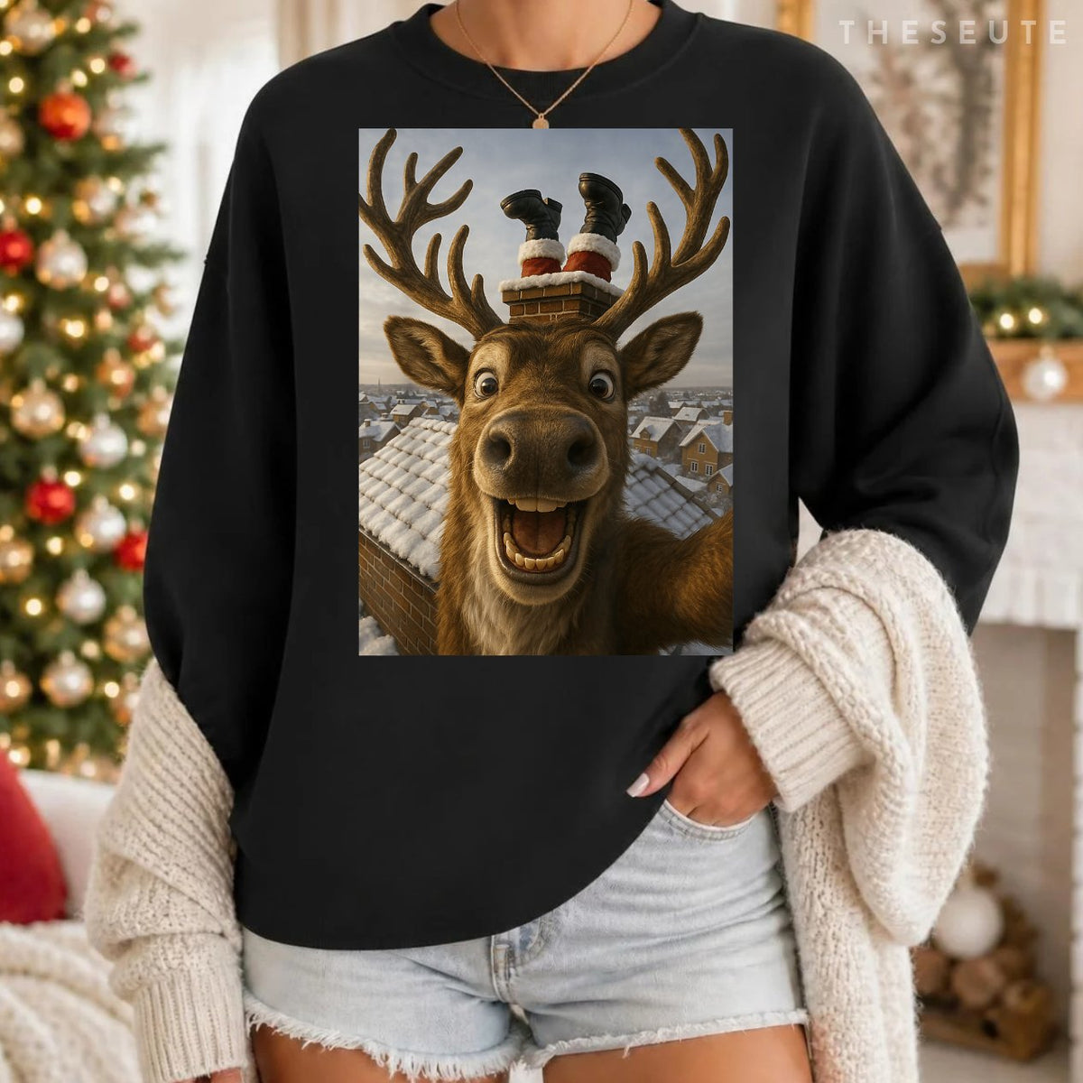 Funny Reindeer Selfie Santa Boys Girls Christmas Sweatshirt