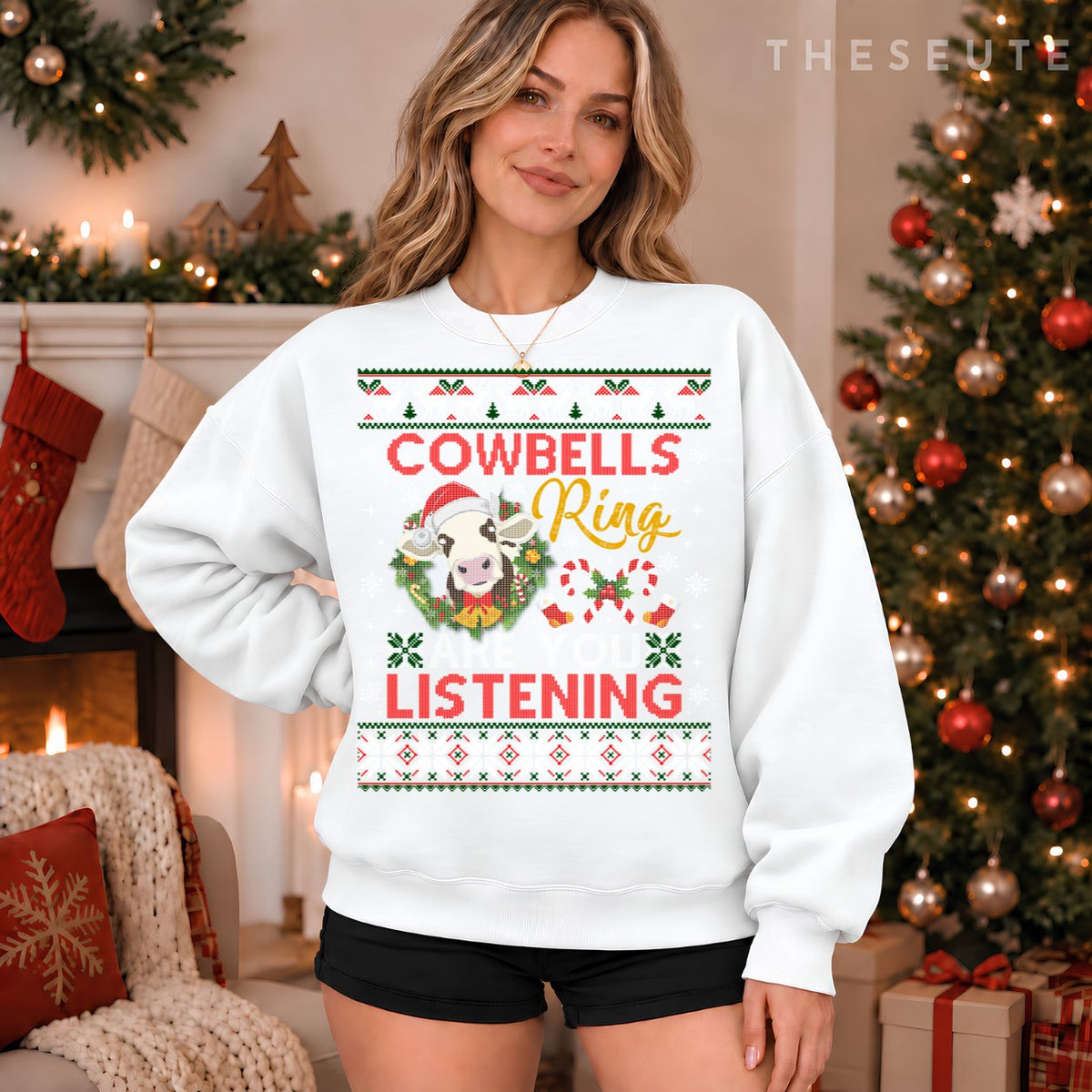 Cow Bells Ring are you Listening Christmas Funny Cow Ugly Sweatshirt