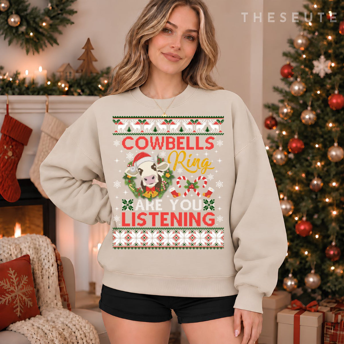 Cow Bells Ring are you Listening Christmas Funny Cow Ugly Sweatshirt