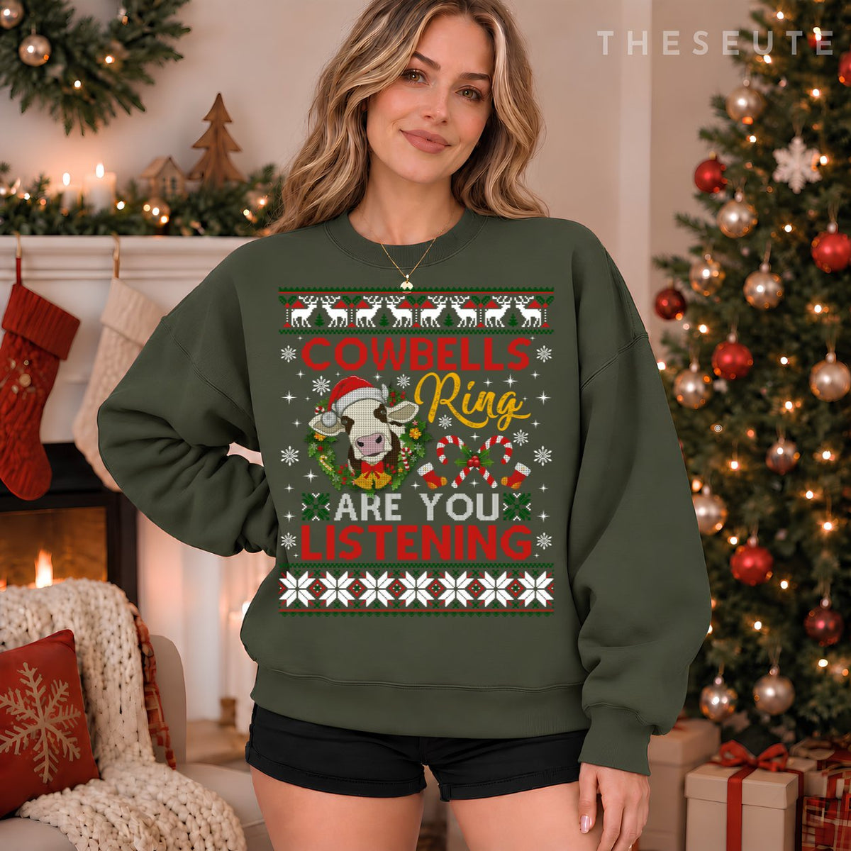 Cow Bells Ring are you Listening Christmas Funny Cow Ugly Sweatshirt