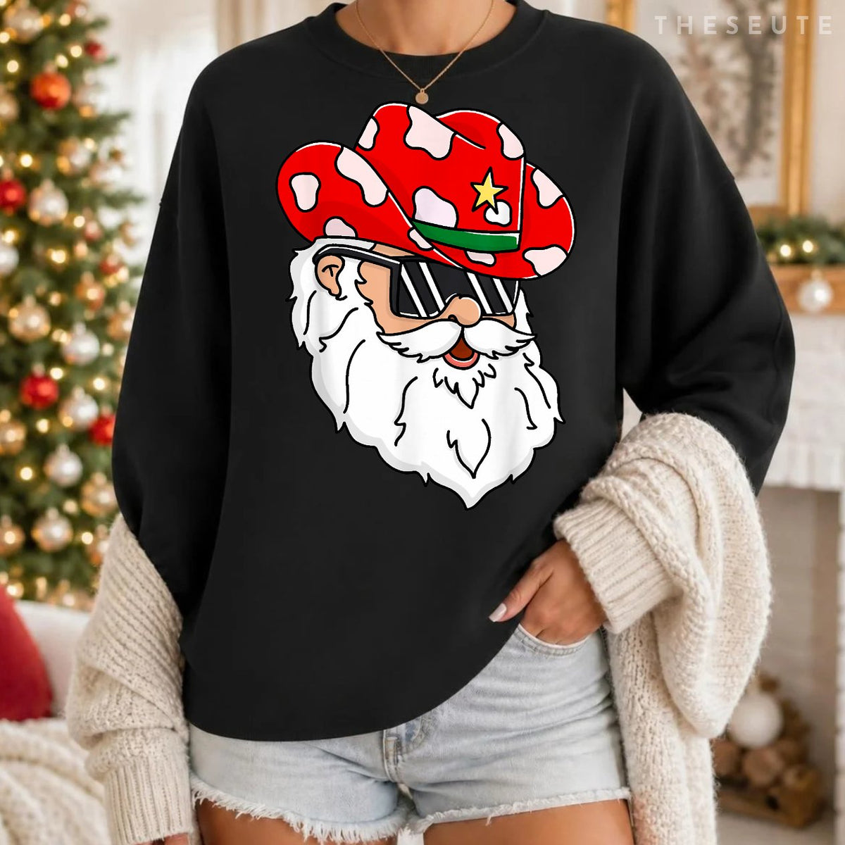 Santa Claus Western Cowboy hat Merry Christmas Funny Classic Sweatshirt