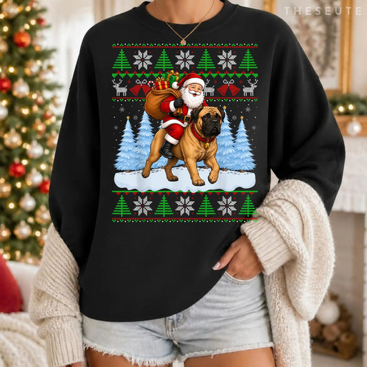Ugly Xmas Funny Santa Riding Bullmastiff Dog Christmas Sweatshirt