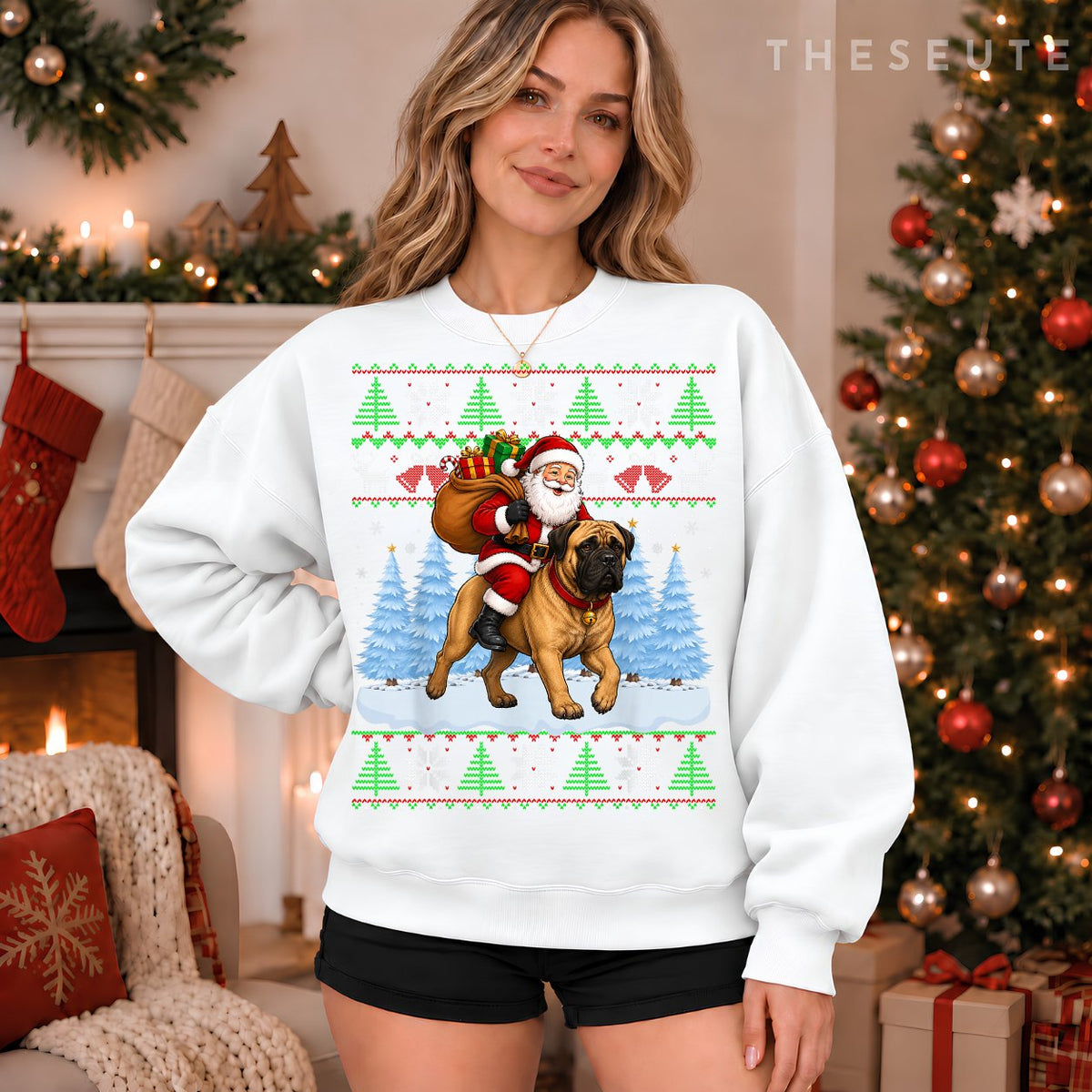Ugly Xmas Funny Santa Riding Bullmastiff Dog Christmas Sweatshirt