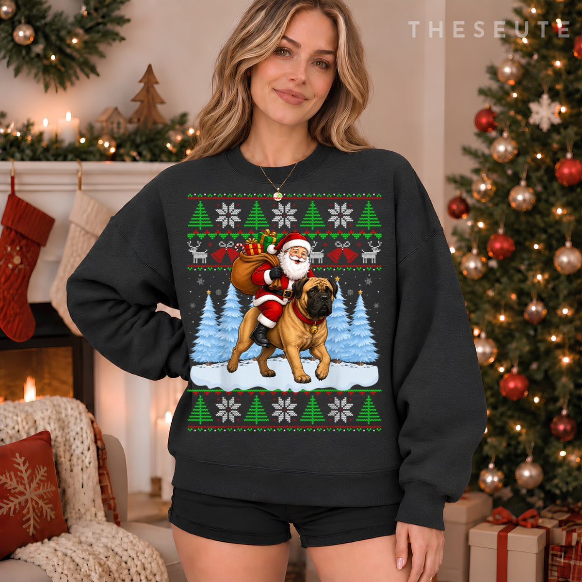 Ugly Xmas Funny Santa Riding Bullmastiff Dog Christmas Sweatshirt