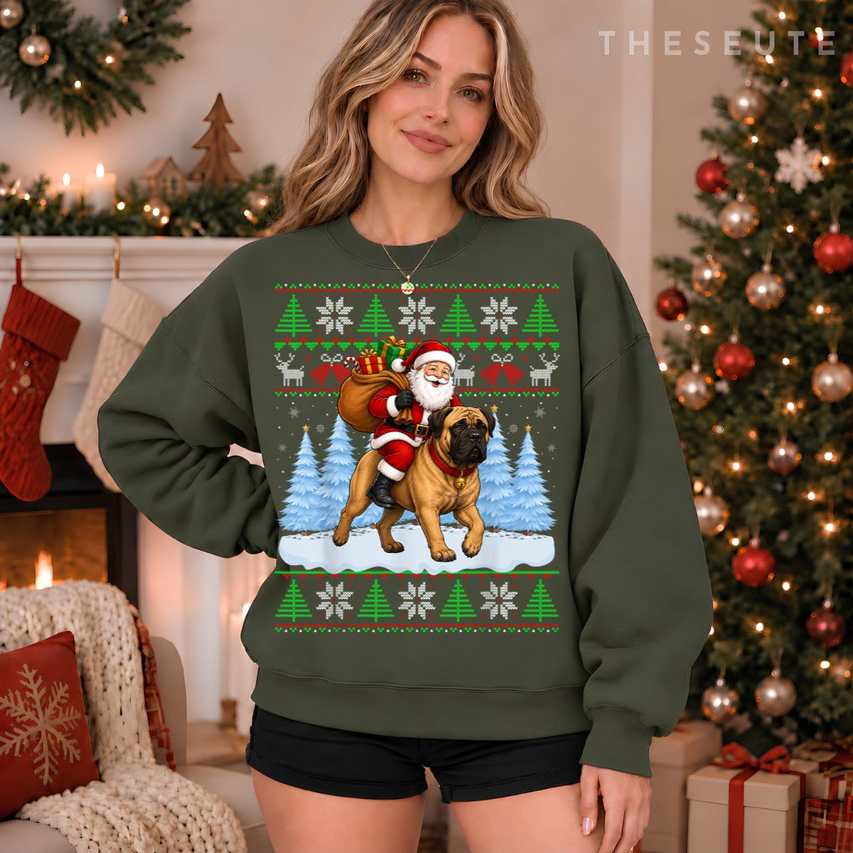 Ugly Xmas Funny Santa Riding Bullmastiff Dog Christmas Sweatshirt