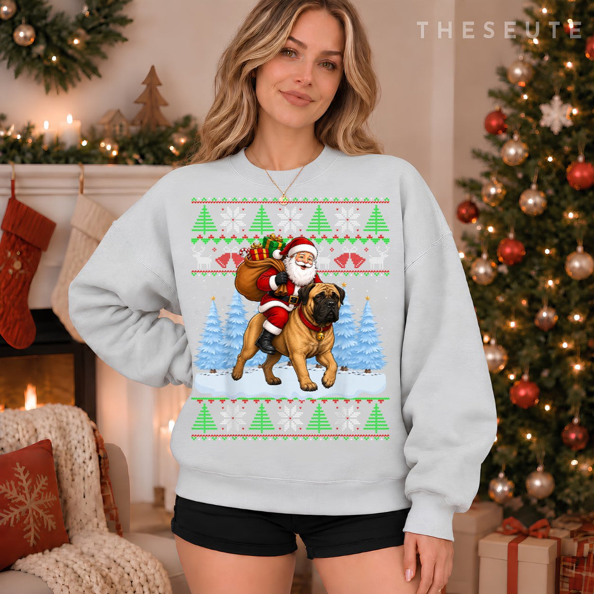 Ugly Xmas Funny Santa Riding Bullmastiff Dog Christmas Sweatshirt