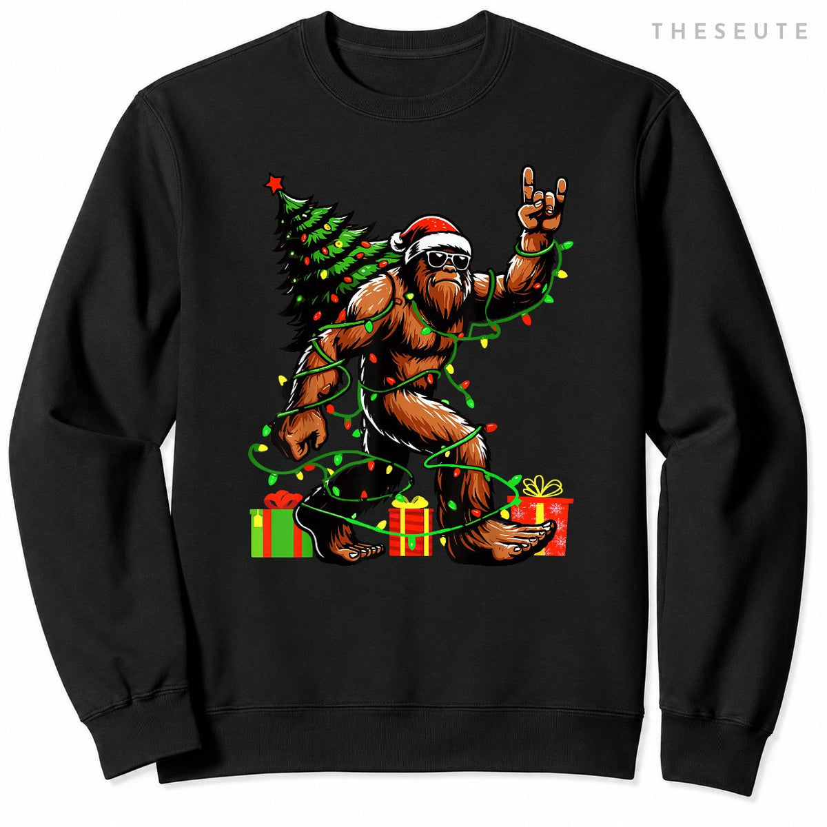 Santa Bigfoot Christmas Tree Xmas Lights Funny Sasquatch Sweatshirt