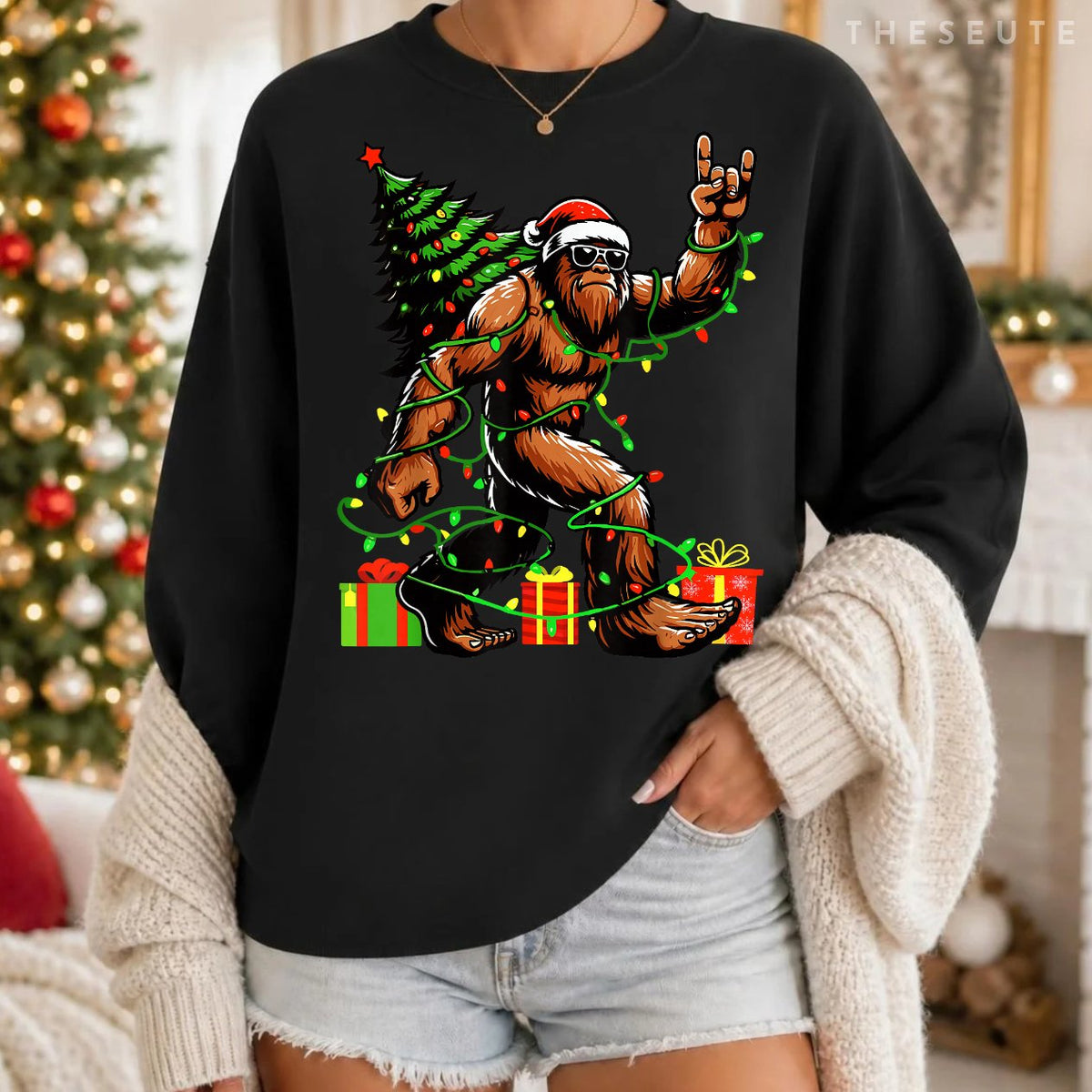 Santa Bigfoot Christmas Tree Xmas Lights Funny Sasquatch Sweatshirt